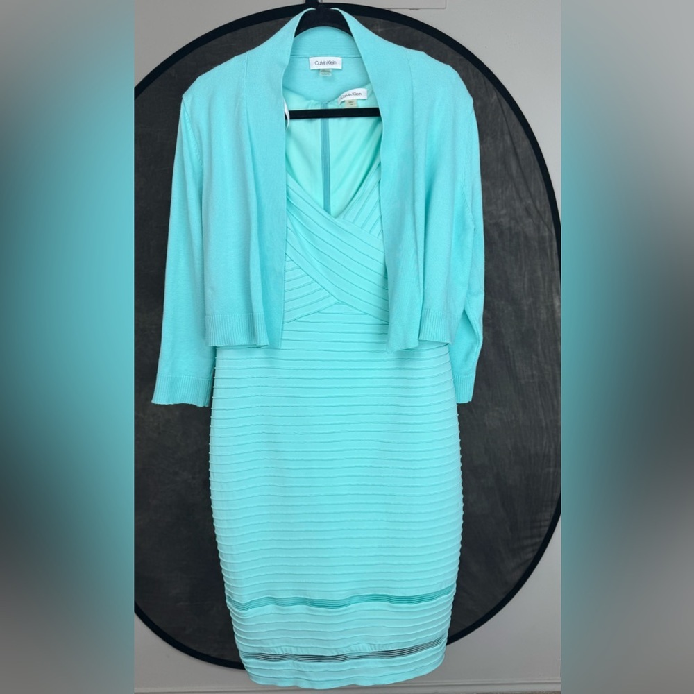 Calvin Klein Aqua Bandage Dress & Cropped Cardigan Set Size 14 XL Elegant V-Neck